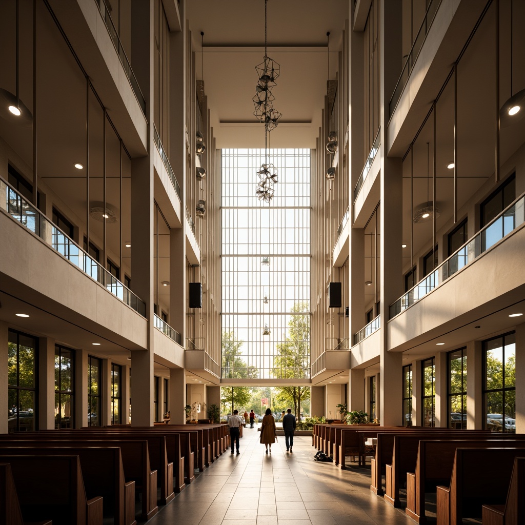 Prompt: Modern church interior, sleek lines, minimalist design, high ceilings, natural light pouring through stained glass windows, warm ambiance, subtle lighting effects, suspended LED fixtures, futuristic chandeliers, geometric pendant lights, polished chrome accents, frosted glass shades, soft warm glow, indirect illumination, dramatic spotlights, ornate wooden pews, neutral color palette, elegant simplicity, 1/2 composition, shallow depth of field, realistic textures, ambient occlusion.