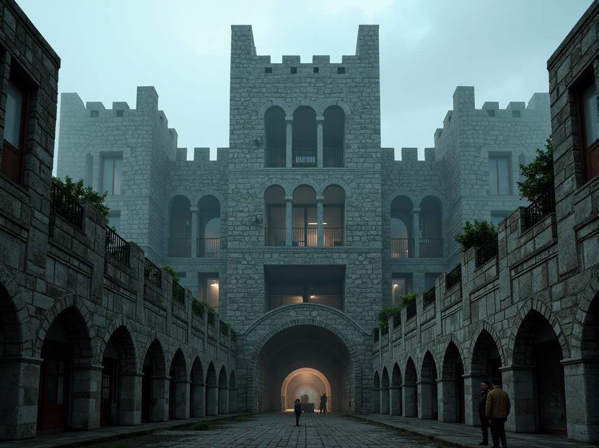 Prompt: Majestic watchtowers, stone brick walls, ornate turrets, grandiose arches, sturdy foundation, robust columns, intricate stonework, Gothic architecture, medieval design, fortified structures, imposing height, rugged textures, dramatic lighting, misty atmosphere, mysterious ambiance, atmospheric fog, cinematic composition, low-angle shot, symmetrical framing.