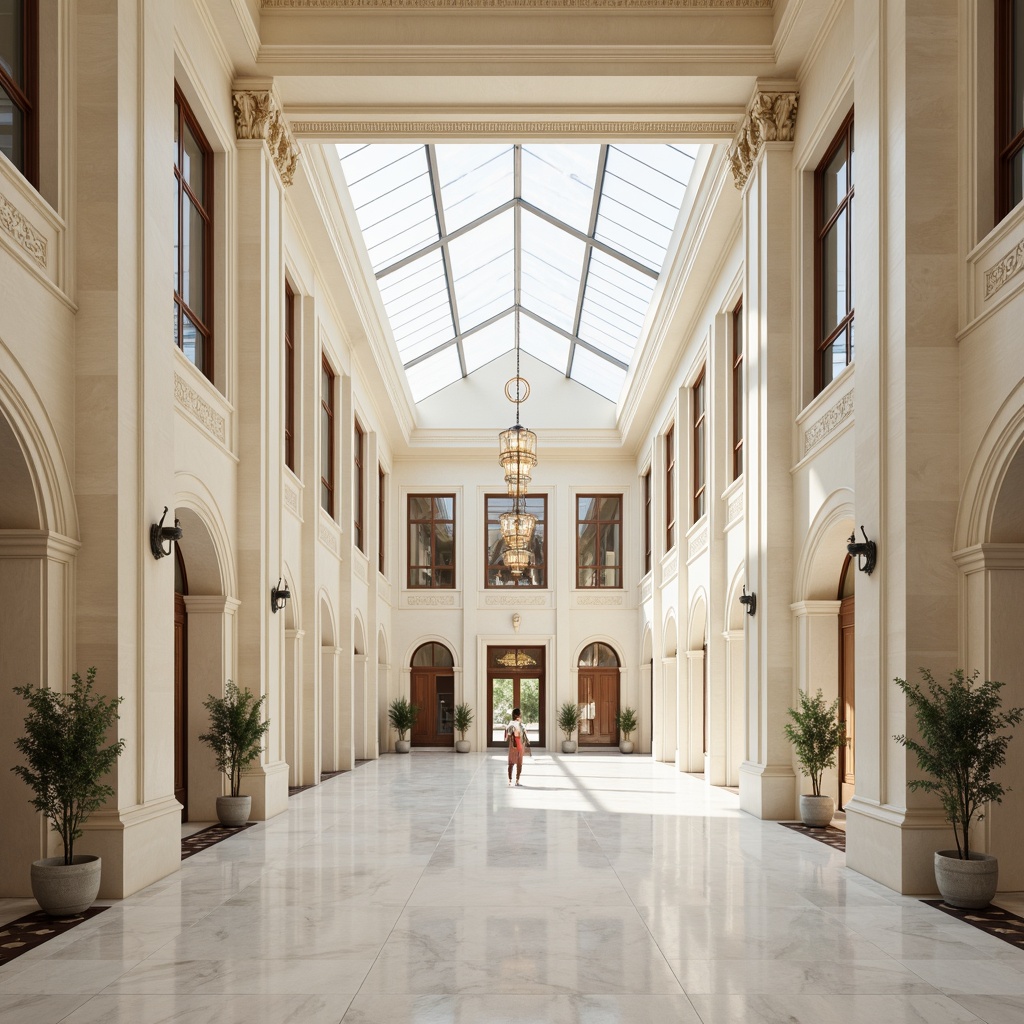 Prompt: Grand neoclassical facade, symmetrical columns, ornate details, large windows, high ceilings, open floor plans, bright interior spaces, minimal obstructions, reflective surfaces, creamy white walls, polished marble floors, elegant chandeliers, subtle archways, vaulted ceilings, clerestory windows, skylights, solar tubes, prismatic glass, soft warm lighting, natural color palette, harmonious proportions, classical architectural elements, serene atmosphere, shallow depth of field, 1/1 composition, realistic textures, ambient occlusion.