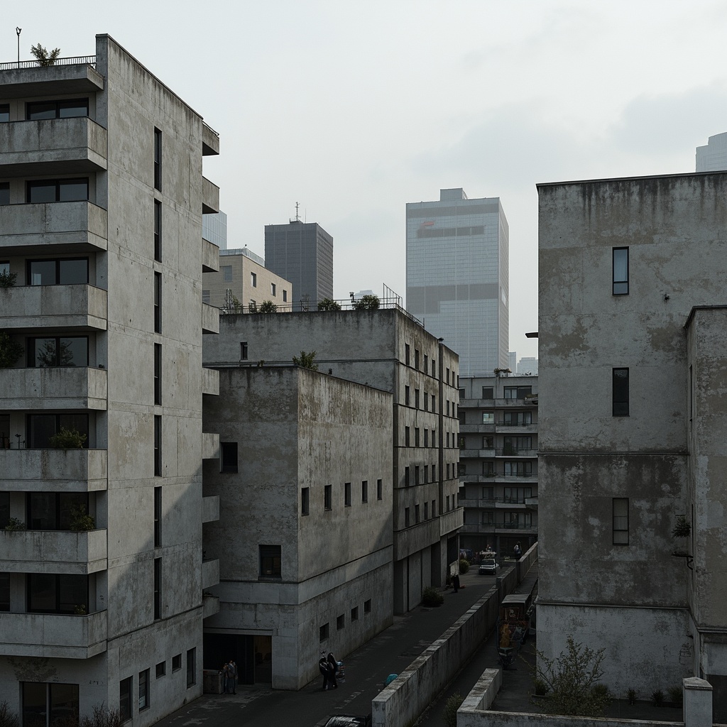 Prompt: Monolithic concrete structures, rugged textures, brutalist architecture, fortress-like buildings, angular geometric shapes, rectangular forms, raw unfinished surfaces, industrial materials, cold atmospheric lighting, dramatic shadows, 3/4 composition, symmetrical balance, minimalist ornamentation, functional simplicity, urban cityscape, overcast skies, bold monochromatic colors, weathered concrete patinas.