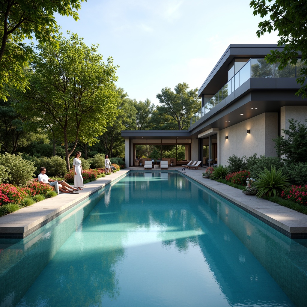 Prompt: Symmetrical pool design, serene water reflections, turquoise blue waters, surrounding lush greenery, vibrant flowers, natural stone decking, sleek modern architecture, angular lines, minimalist aesthetic, infinity edge, overflow system, LED underwater lighting, soft warm ambiance, shallow depth of field, 1/1 composition, realistic textures, ambient occlusion.