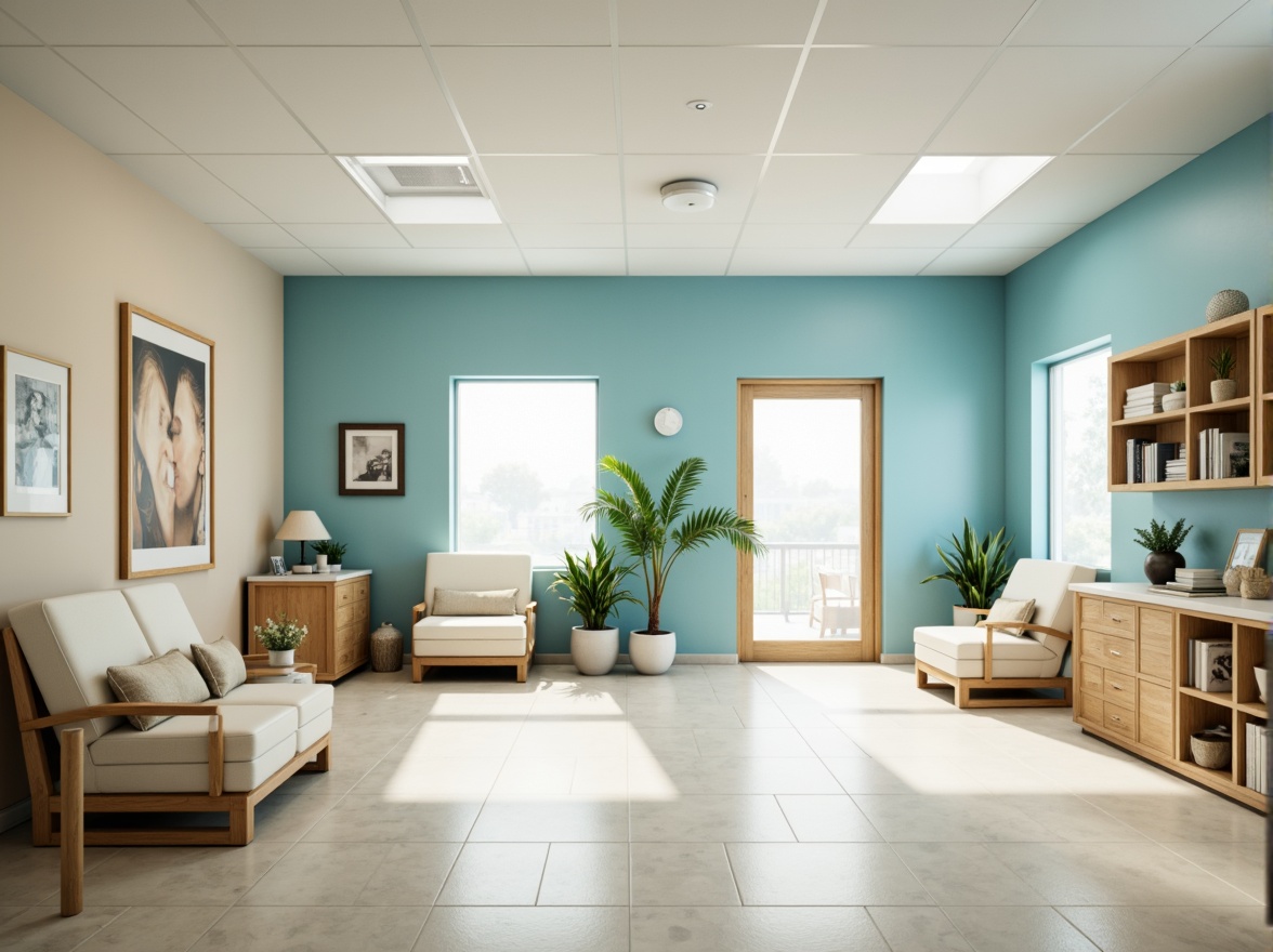 Prompt: Calming medical clinic, soft blue walls, creamy white furniture, warm beige floors, natural wood accents, gentle greenery, soothing lighting, minimalist decor, clean lines, sterile equipment, comfortable seating areas, quiet atmosphere, calming artwork, subtle texture patterns, 1/1 composition, shallow depth of field, realistic renderings.