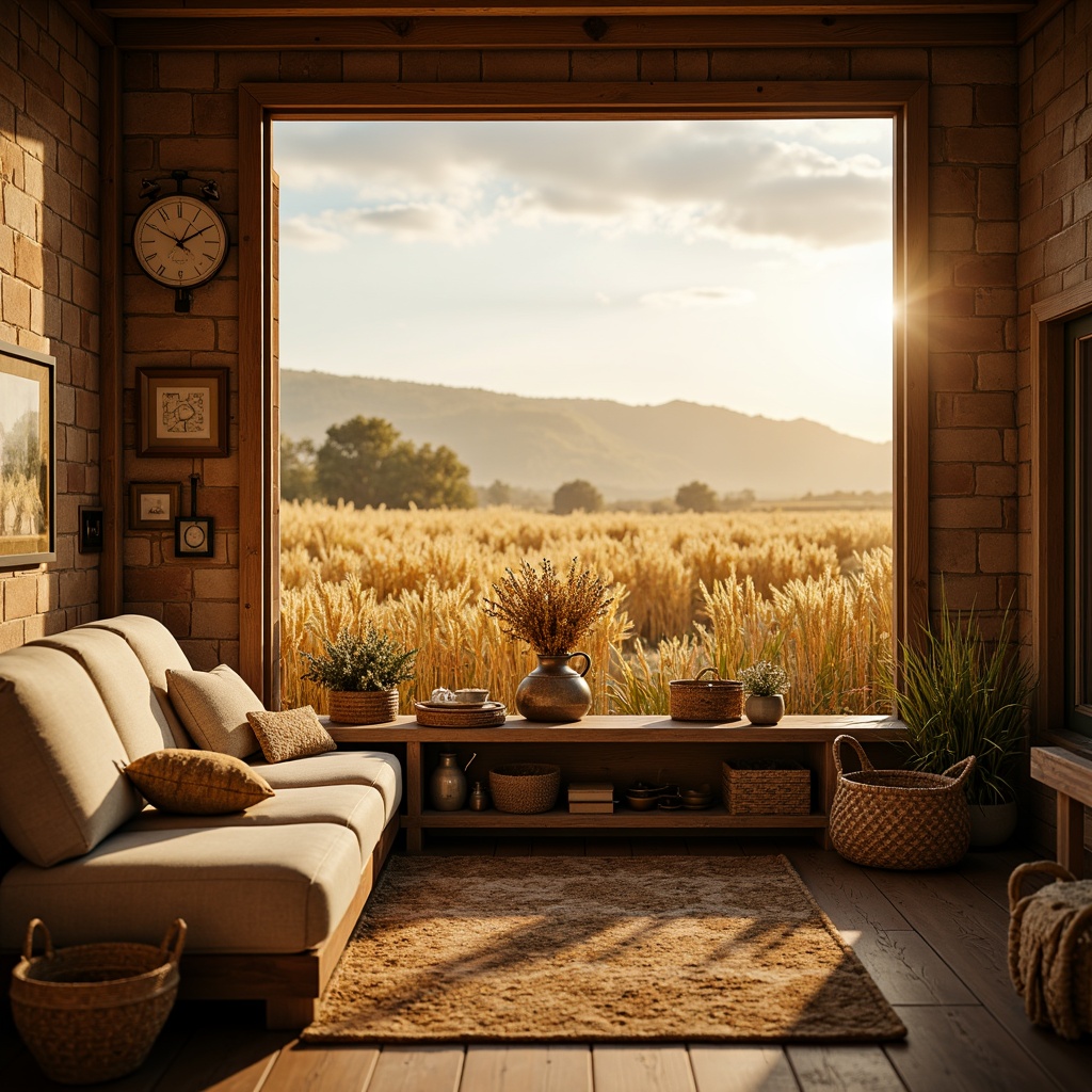 Prompt: Warm wheat fields, soft golden hues, earthy tones, natural textures, rustic farmhouse, vintage decor, cozy living room, plush furniture, woven baskets, distressed wood accents, sun-kissed landscape, rolling hills, serene atmosphere, warm lighting, shallow depth of field, 1/1 composition, realistic renderings, ambient occlusion.