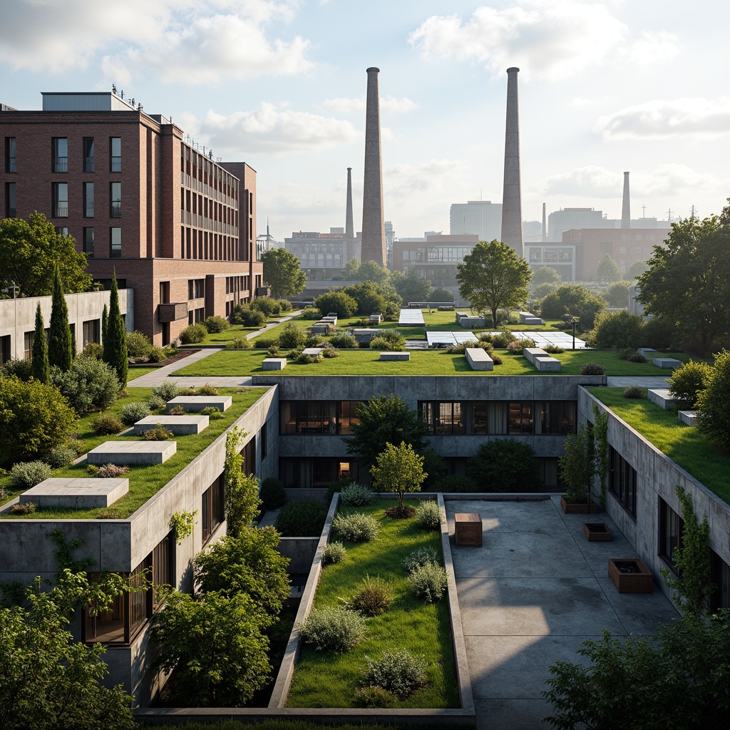 Prompt: Rustic industrial landscape, lush green roofs, living walls, renewable energy systems, solar panels, wind turbines, rainwater harvesting, grey water reuse, eco-friendly materials, recycled metal structures, natural ventilation systems, clerestory windows, skylights, abundant daylight, soft diffused lighting, 1/2 composition, atmospheric perspective, photorealistic textures, subtle ambient occlusion, factory chimneys, industrial pipes, mechanical equipment, modern minimalist aesthetic, functional simplicity, adaptive reuse.