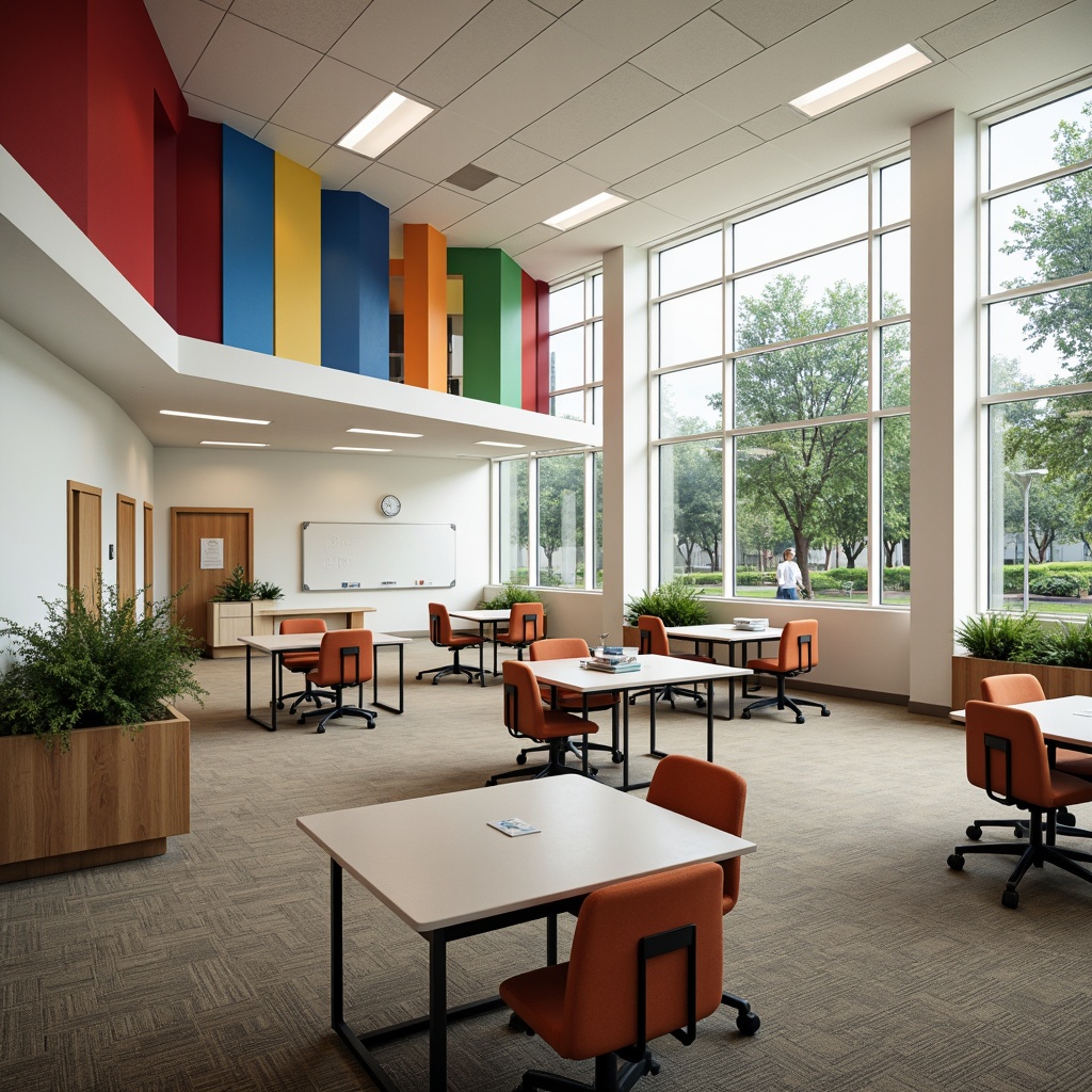 Prompt: Open-plan classrooms, collaborative learning spaces, natural light-filled atriums, vibrant colored accents, modular furniture systems, interactive whiteboards, acoustic paneling, soft carpeted floors, minimalist decor, flexible seating arrangements, technology-integrated desks, ergonomic chairs, abundant greenery, floor-to-ceiling windows, modern architectural design, warm neutral color palette, shallow depth of field, 1/1 composition, realistic textures, ambient occlusion.