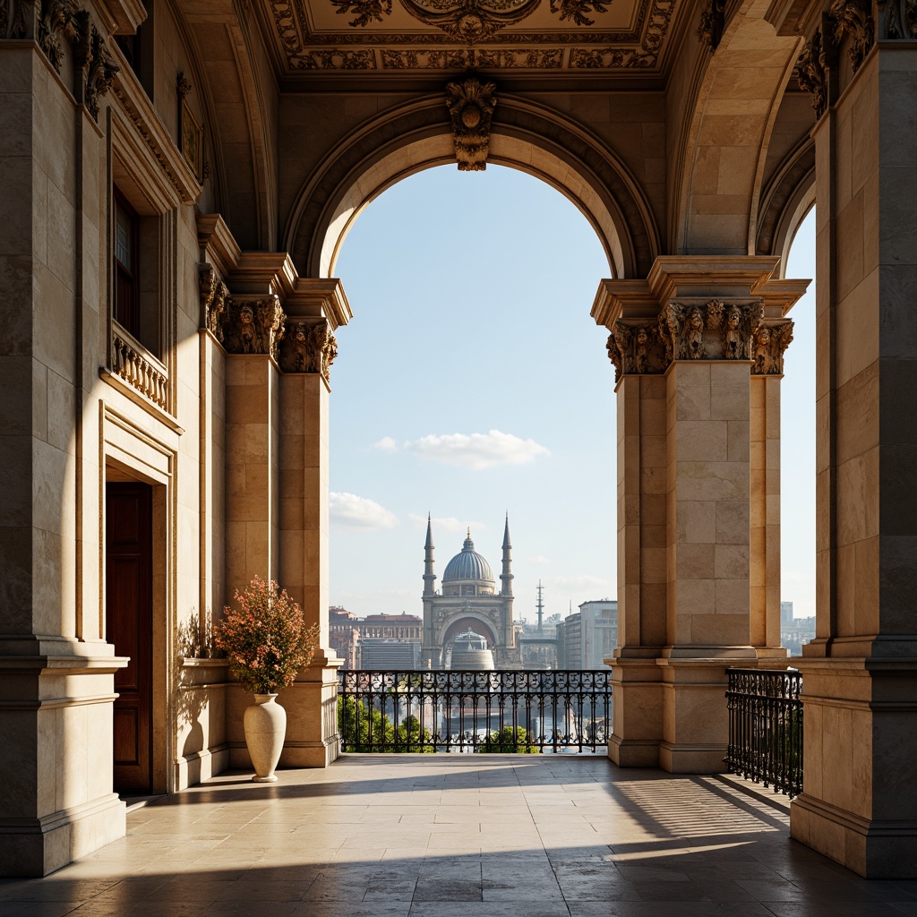 Prompt: Intricate stone carvings, ornate marble columns, grandiose arches, lavish frescoes, elegant moldings, refined stucco surfaces, subtle gradient shadows, warm golden lighting, classical proportion, symmetrical composition, 1/2 perspective view, realistic rendering, ambient occlusion, historic European cityscape, serene atmosphere, clear blue sky, soft white clouds.Please let me know if this meets your requirements!