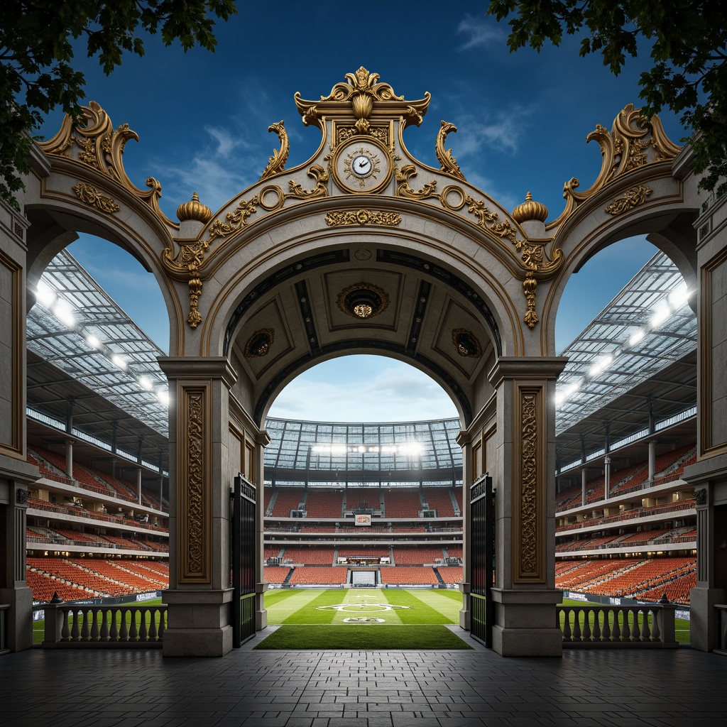 Prompt: Ornate Baroque-style soccer stadium, grandiose entrance gates, sweeping archways, intricate stone carvings, ornamental balconies, majestic domes, vibrant gold accents, rich marble columns, elegant curves, symmetrical facade, imposing grandstands, lush green pitch, dynamic floodlighting, low-angle shot, 1/1 composition, dramatic shadows, detailed textures, ambient Occlusion.