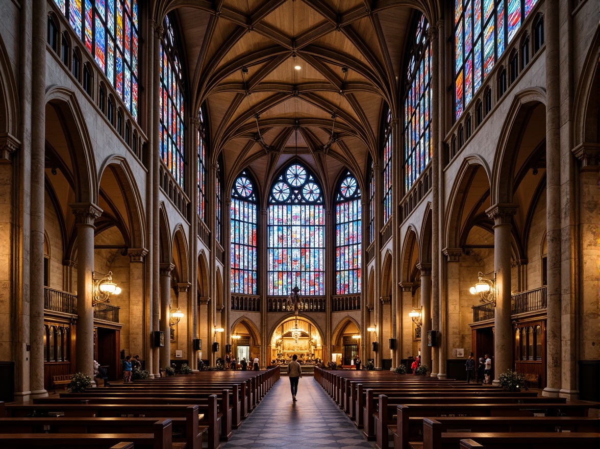 Prompt: Vibrant stained glass windows, majestic cathedrals, intricate stone carvings, ribbed vaults, flying buttresses, ornate facades, grandiose entranceways, heavenly light filtrations, kaleidoscope color schemes, medieval ambiance, sacred atmospheres, detailed biblical narratives, symbolic motifs, golden halos, dramatic lighting effects, symmetrical compositions, awe-inspiring verticality, rich textures, mystical auras.