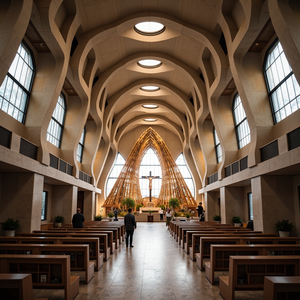 Prompt: Curved lines, minimalist decor, large open spaces, high ceilings, stained glass windows, ornate altarpieces, modernist crucifixes, sleek metal railings, polished marble floors, subtle ambient lighting, soft warm glow, shallow depth of field, 3/4 composition, symmetrical architecture, grand entranceways, dramatic verticality, airy atmospheres, peaceful sanctuaries, natural stone walls, abstract geometric patterns, vibrant colorful accents, innovative spatial layouts, futuristic pews, streamlined aisles.