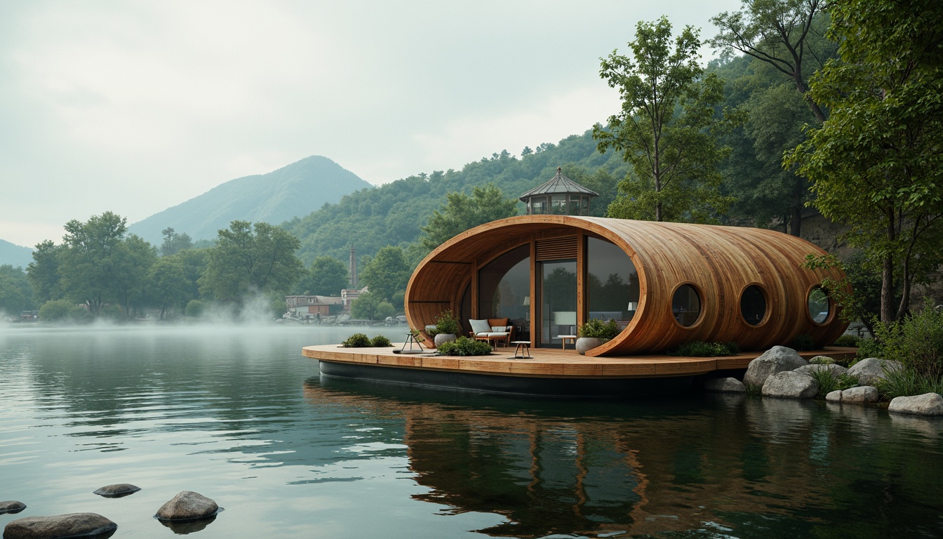 Prompt: Curved boathouse, waterfront location, serene lake views, lush greenery, organic blob-like structure, wavy lines, fluid shapes, natural materials, reclaimed wood accents, corrugated metal roofs, nautical-inspired details, porthole windows, soft warm lighting, misty morning atmosphere, shallow depth of field, 1/2 composition, cinematic view, realistic water reflections, ambient occlusion.