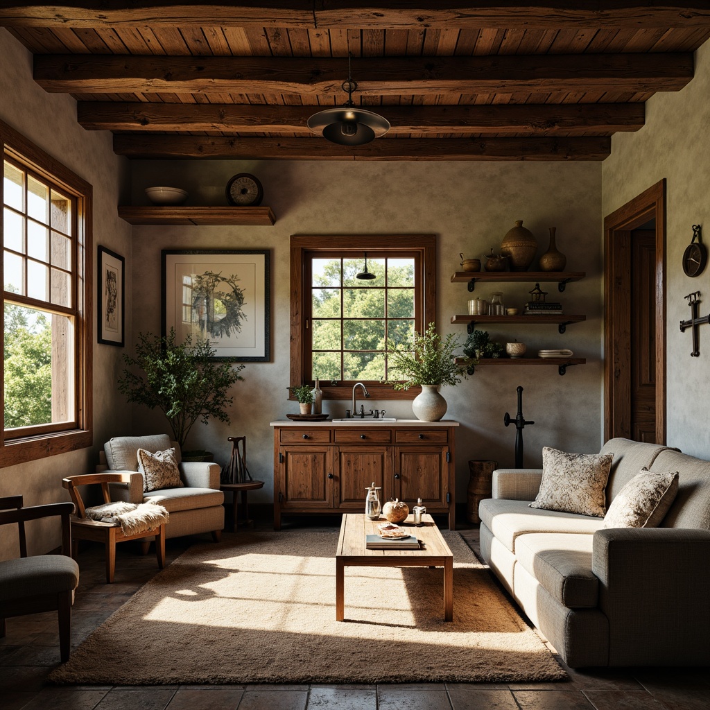 Prompt: Rustic farmhouse, distressed wood accents, textured walls, vintage farm tools, eclectic decor, mixed metal and wood furniture, reclaimed wooden beams, earthy color palette, natural stone floors, cozy reading nooks, plush throw blankets, warm candle lighting, soft afternoon sunbeams, shallow depth of field, 1/2 composition, atmospheric misting, realistic textures, ambient occlusion.