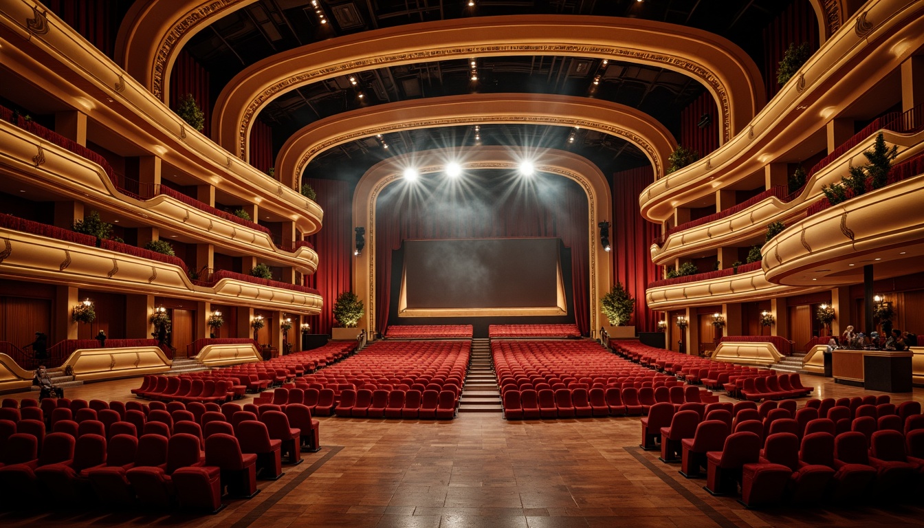 Prompt: Undulating curves, sweeping arches, grand auditorium, plush red seats, polished wooden floors, ornate golden details, dramatic stage lighting, suspended acoustic panels, curved balconies, flowing staircases, luxurious textiles, warm ambient glow, shallow depth of field, 1/2 composition, dynamic perspective, realistic reflections, subtle gradient maps.