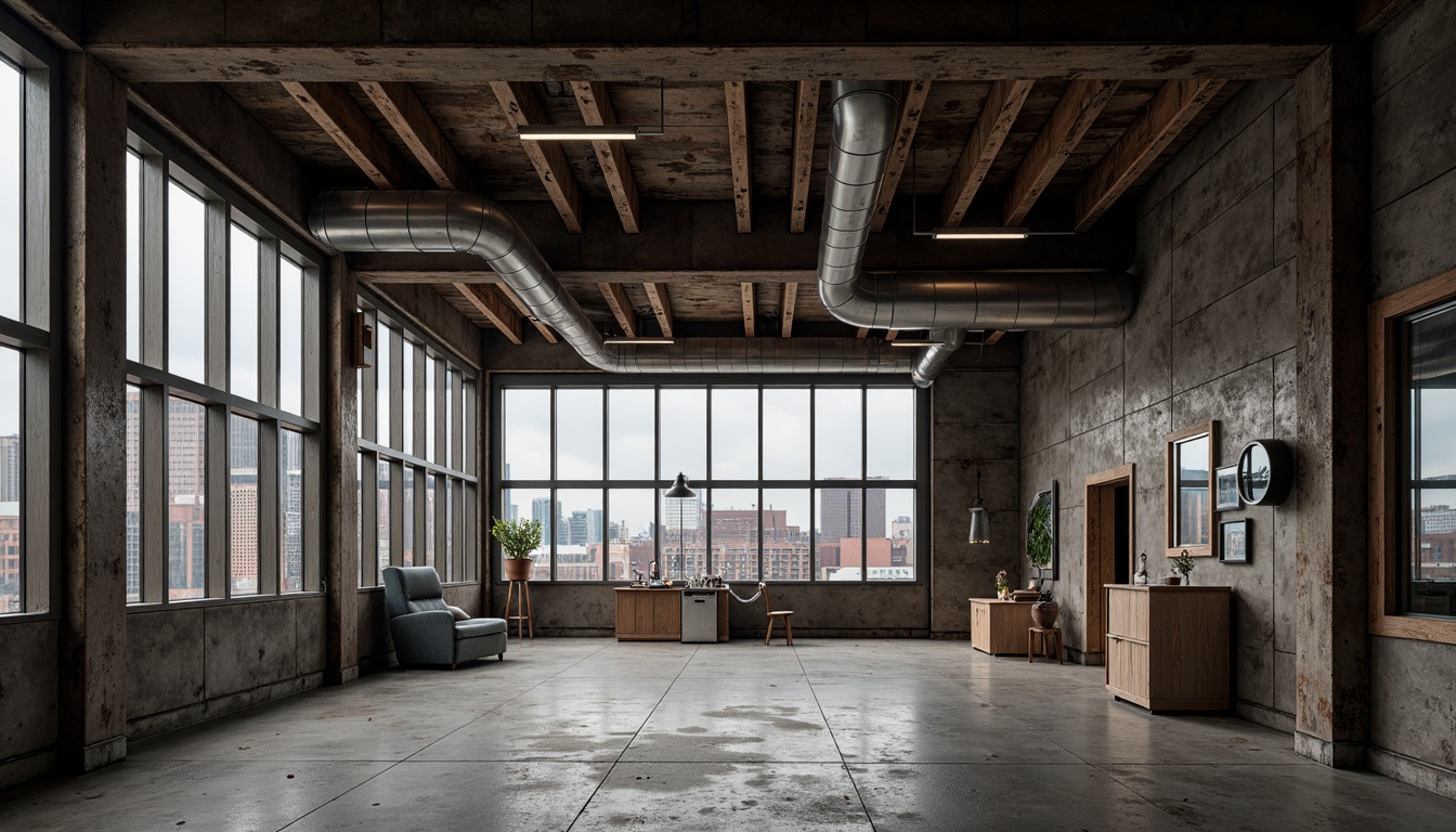 Prompt: Rustic metal beams, exposed ductwork, concrete floors, industrial pipes, reclaimed wood accents, urban cityscape, overcast sky, dramatic shadows, high-contrast lighting, gritty textures, abstract compositions, bold geometric forms, raw unfinished surfaces, distressed finishes, brutalist architecture, functional minimalism, utilitarian design, mechanized details, metallic sheens, weathered patinas, atmospheric perspective, 1-point perspective, symmetrical balance.