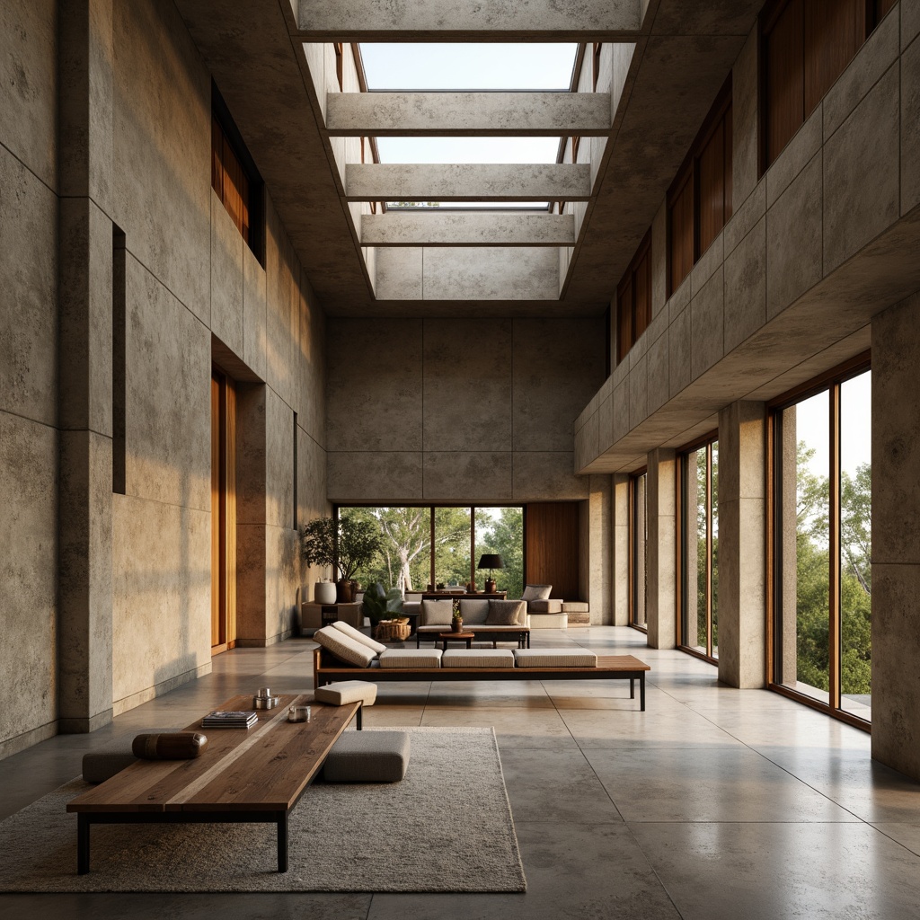 Prompt: Exposed thermal mass walls, natural stone flooring, polished concrete surfaces, high-temperature radiant heating systems, passive solar design, clerestory windows, indirect natural lighting, earthy color palette, brutalist architecture, modern industrial aesthetic, open-plan layout, minimalist decor, functional simplicity, warm ambient atmosphere, soft diffused light, shallow depth of field, 1/2 composition, realistic textures, subtle material variations.