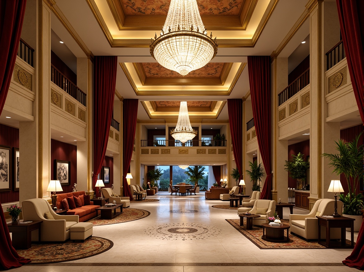 Prompt: Luxurious hotel lobby, grand chandelier, marble floors, ornate furnishings, velvet drapes, golden accents, intricate moldings, crystal fixtures, lavish textiles, regal color palette, imposing columns, sweeping staircases, elegant archways, refined wood tones, sophisticated lighting design, warm ambiance, shallow depth of field, 1/2 composition, realistic reflections, ambient occlusion.