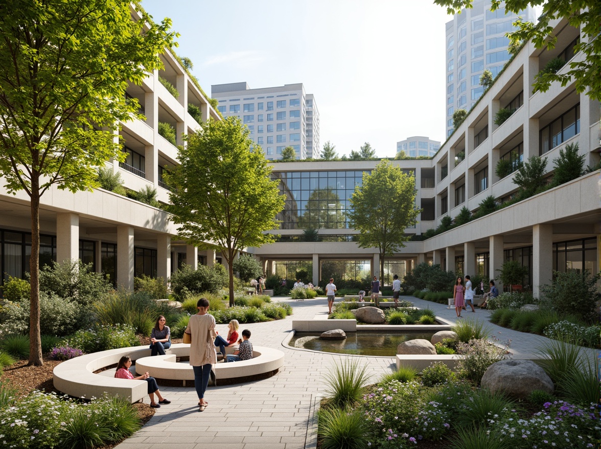 Prompt: Soothing hospital courtyard, lush green roofs, calming water features, natural stone seating areas, vibrant floral arrangements, healing gardens, peaceful walking paths, modern hospital architecture, large windows, glass atriums, abundant natural light, soft warm colors, shallow depth of field, 3/4 composition, panoramic view, realistic textures, ambient occlusion, serene atmosphere, stress-reducing environments.