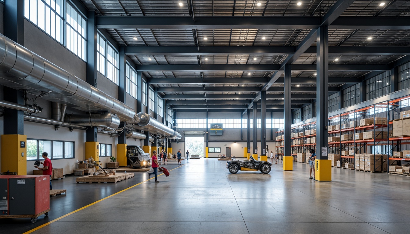 Prompt: Industrial distribution center, fusion architecture, metallic fa\u00e7ade, exposed ductwork, polished concrete floors, sleek steel beams, modern LED lighting, rhythmic column patterns, minimalist interior design, functional spaces, high-bay storage racks, automated conveyor systems, loading dock areas, cargo handling equipment, vibrant color accents, natural light influx, soft diffused lighting, shallow depth of field, 3/4 composition, panoramic view, realistic textures, ambient occlusion.