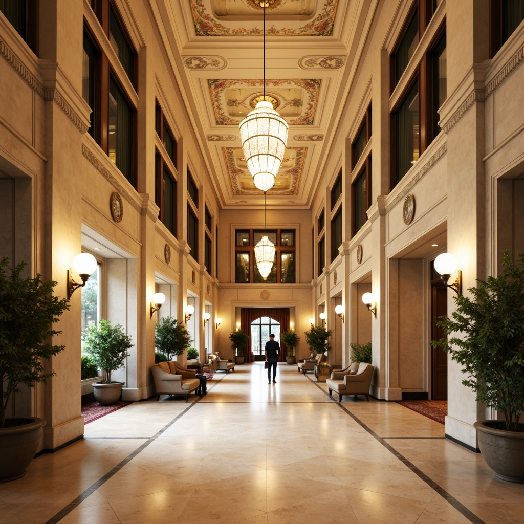 Prompt: Elegant hotel lobby, cream marble floors, ornate chandeliers, soft golden lighting, warm beige walls, rich wood paneling, classical columns, intricate moldings, luxurious velvet drapes, antique furnishings, subtle frescoes, muted color palette, earthy tones, moss green accents, dusty rose undertones, creamy whites, pale grays, lavish crystal fixtures, refined ornateness, symmetrical composition, shallow depth of field, 1/2 perspective, realistic textures, ambient occlusion.