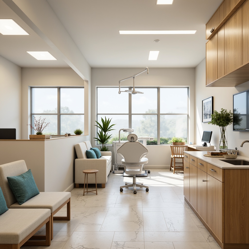 Prompt: Calming dental clinic, soft pastel colors, gentle whites, creamy beiges, pale blues, soothing greens, natural wood accents, sleek metal equipment, modern minimalist decor, comfortable waiting areas, warm inviting lighting, shallow depth of field, 1/1 composition, realistic textures, ambient occlusion.