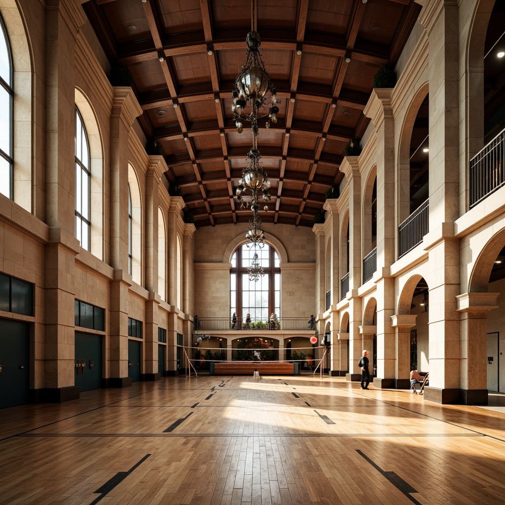 Prompt: Grand gymnasium, Renaissance-style columns, ornate capitals, classical arches, high ceilings, polished wooden floors, athletic equipment, basketball hoops, volleyball nets, wrestling mats, spectator seating, natural stone walls, rusticated bases, decorative moldings, grand chandeliers, warm soft lighting, shallow depth of field, 3/4 composition, symmetrical view, realistic textures, ambient occlusion.