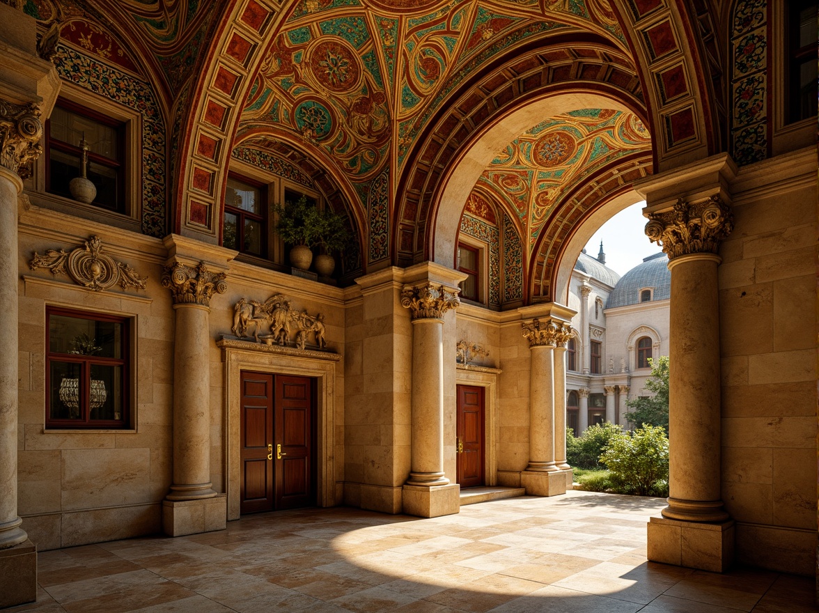 Prompt: Ancient monastery, Byzantine architecture, golden domes, intricate mosaics, ornate frescoes, warm beige stones, rich turquoise accents, deep crimson reds, soft saffron yellows, mysterious indigo blues, lavish gold leafing, ornamental patterns, luxurious velvety textures, mystical ambient lighting, subtle warm glow, dramatic chiaroscuro, 1/2 composition, realistic reflections, high contrast ratio.