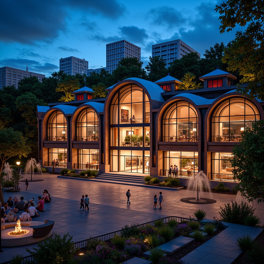 Prompt: Amphitheater facade, eclectic architecture, curved lines, irregular shapes, vibrant color scheme, mixed materials, wooden accents, metallic frames, glass inserts, intricate patterns, cultural inspirations, ornate details, dynamic lighting, nighttime spectacle, warm ambiance, tiered seating, open-air performance, urban landscape, city skyline, modern infrastructure, pedestrian walkways, streetlights, atmospheric misting system, shallow depth of field, 2/3 composition, cinematic view.