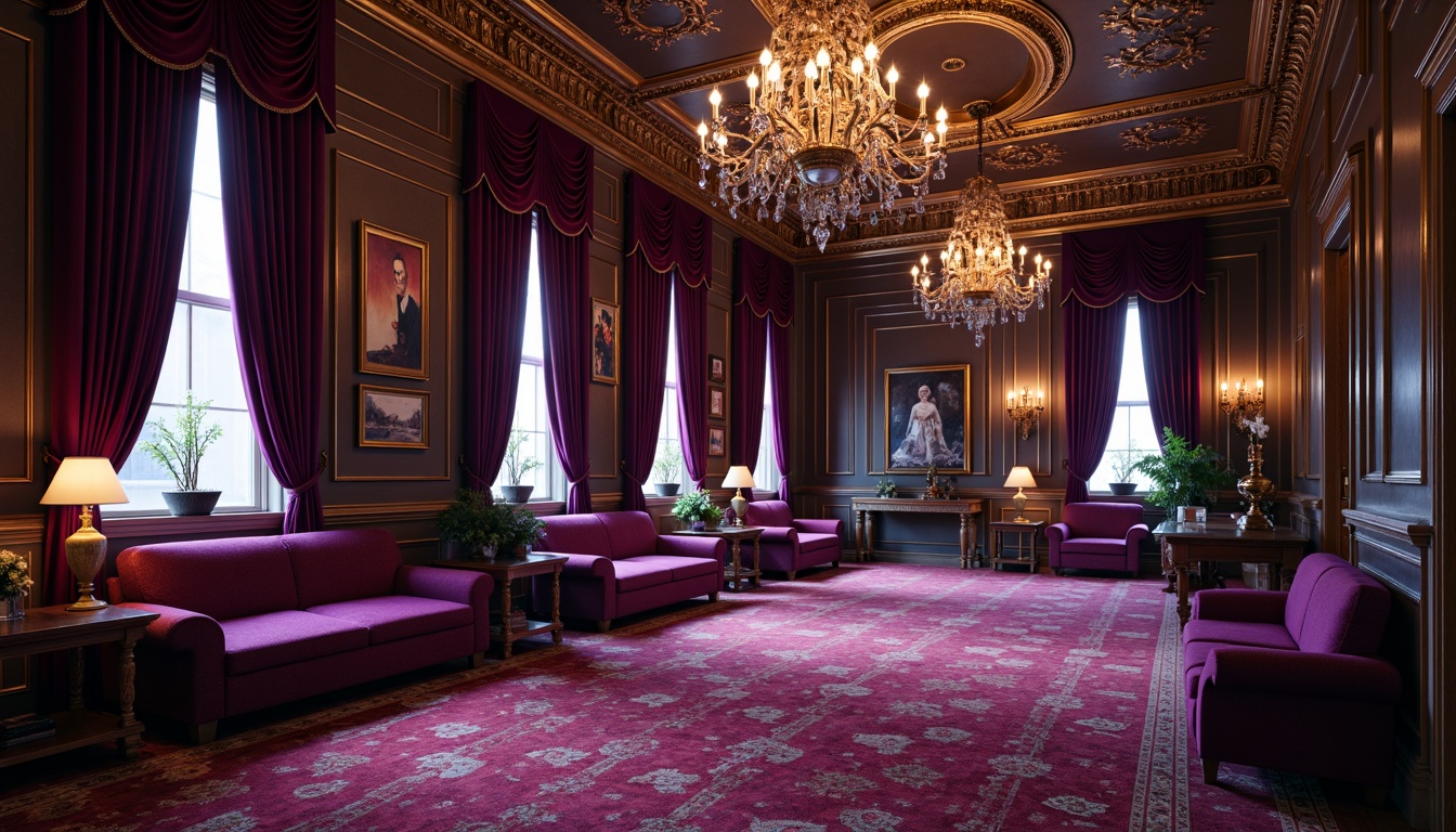 Prompt: Rich heliotrope stones, luxurious velvet drapes, ornate gold accents, mystical purple hues, lavish jewel-toned decor, opulent crystal chandeliers, intricate patterned rugs, majestic crown molding, regal red carpeting, warm golden lighting, shallow depth of field, 3/4 composition, realistic textures, ambient occlusion.