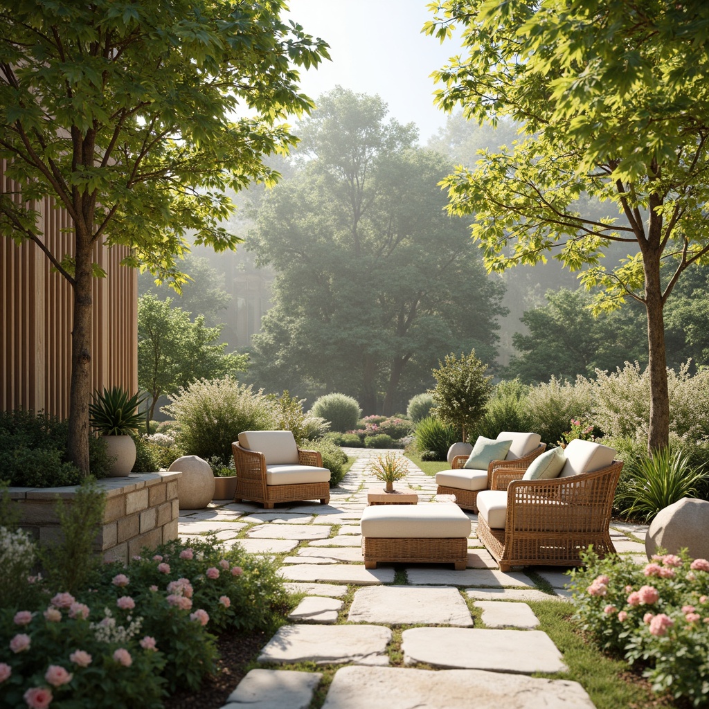 Prompt: Pastel-hued botanical garden, pale green foliage, soft peach blooms, creamy white accents, natural wood textures, woven wicker furniture, distressed stone pathways, warm sunny afternoon, gentle misty atmosphere, shallow depth of field, 1/1 composition, realistic renderings, ambient occlusion, subtle gradient effects.