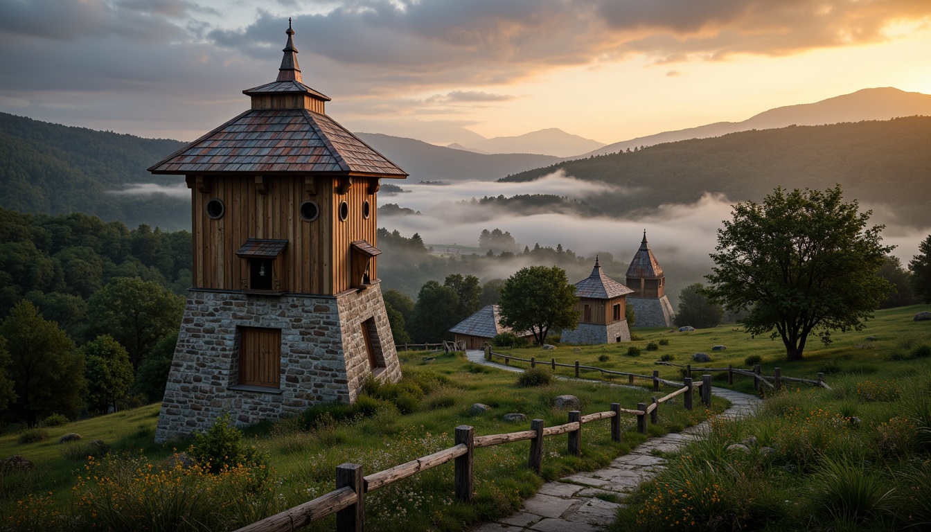 Prompt: Rustic wooden watchtowers, stone foundation, lantern-style roofs, weathered copper details, misty dawn atmosphere, rolling hills, lush green forests, meandering streams, wildflower fields, rustic stone paths, worn wooden fences, ancient trees, dramatic cloudy skies, warm golden lighting, high contrast ratio, 1/2 composition, atmospheric perspective, cinematic depth of field.