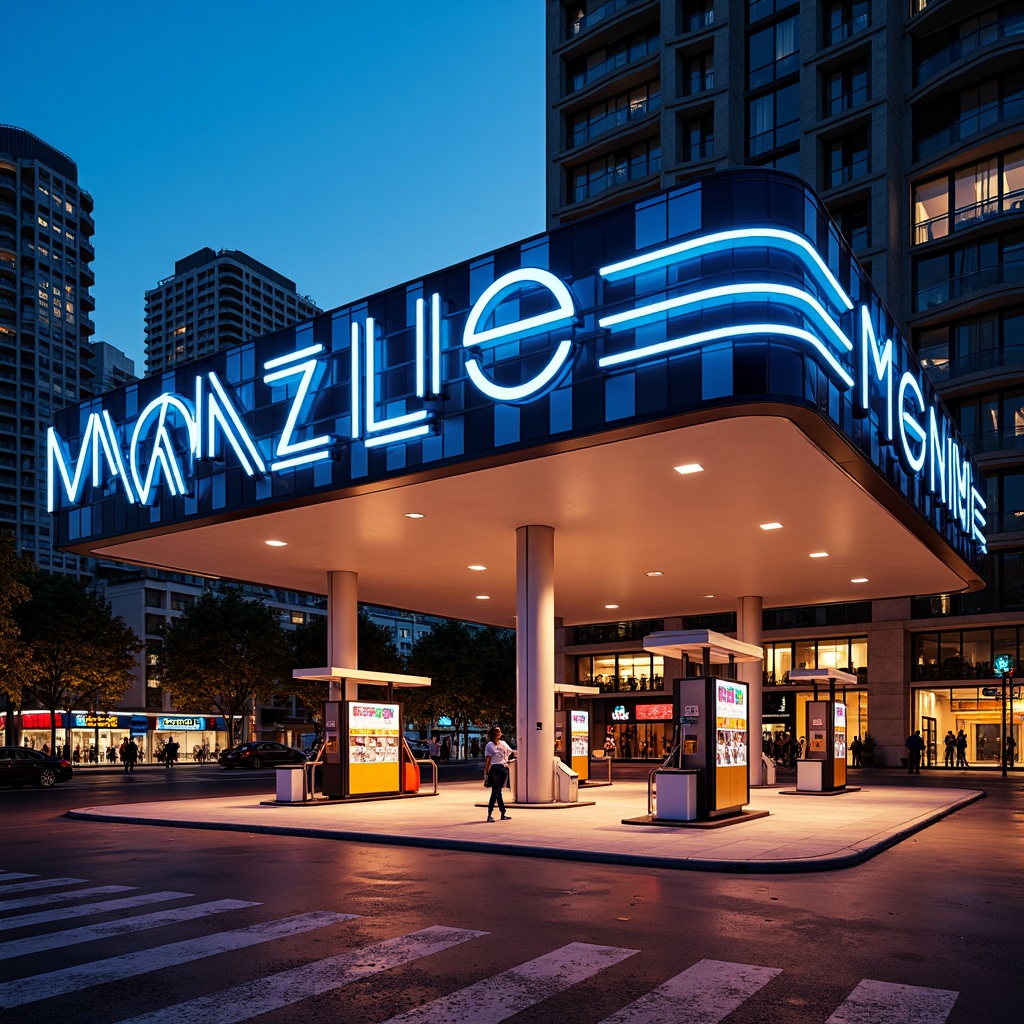 Prompt: Vibrant gas station, bold neon signage, bright LED lights, sleek metal canopies, glossy fuel pumps, modern angular architecture, industrial chic materials, urban cityscape backdrop, bustling streets, day-night cycle, warm golden lighting, shallow depth of field, 1/1 composition, realistic reflections, ambient occlusion.