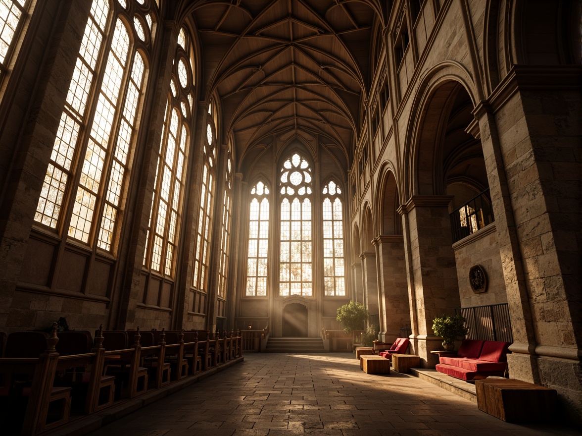 Prompt: Intricate Gothic architecture, majestic arched windows, ornate stone carvings, grand cathedral ceilings, mystical stained glass, warm golden lighting, dramatic shadows, medieval-inspired furnishings, rich velvet drapes, ancient stone walls, mysterious ambiance, misty foggy mornings, soft diffused natural light, 1/2 composition, atmospheric perspective, realistic texture mapping.