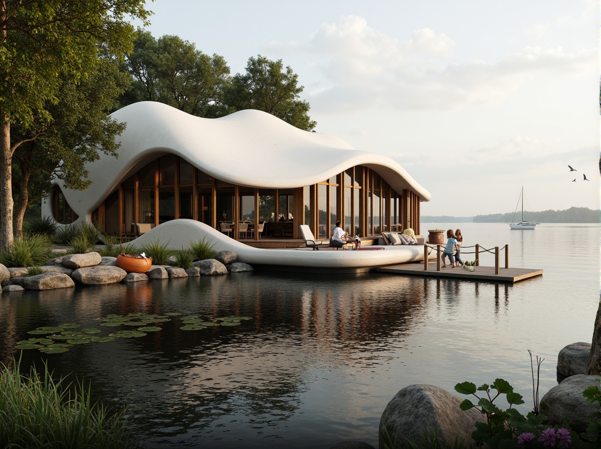 Prompt: Curvaceous boathouse, undulating blob-like structure, organic forms, natural wood accents, waterfront location, serene lake views, lush greenery, water lilies, ripples on the lake, soft warm lighting, misty atmosphere, shallow depth of field, 1/1 composition, panoramic view, realistic textures, ambient occlusion, wooden dock, sailboats, kayaks, paddleboards, nautical ropes, life rings, buoys, seagulls flying overhead.