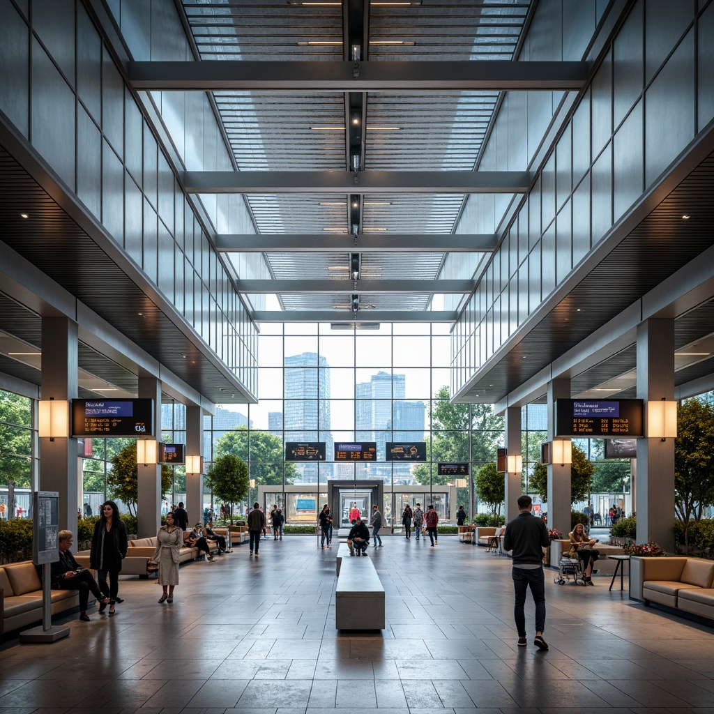 Prompt: Modern train station interior, sleek metal beams, minimalist design, high ceilings, large glass windows, natural light, polished marble floors, stainless steel handrails, comfortable seating areas, information displays, electronic ticketing systems, modern signage, airy atmosphere, subtle lighting, shallow depth of field, 1/1 composition, panoramic view, realistic textures, ambient occlusion, bustling activity, rush hour scenes, urban vibes.