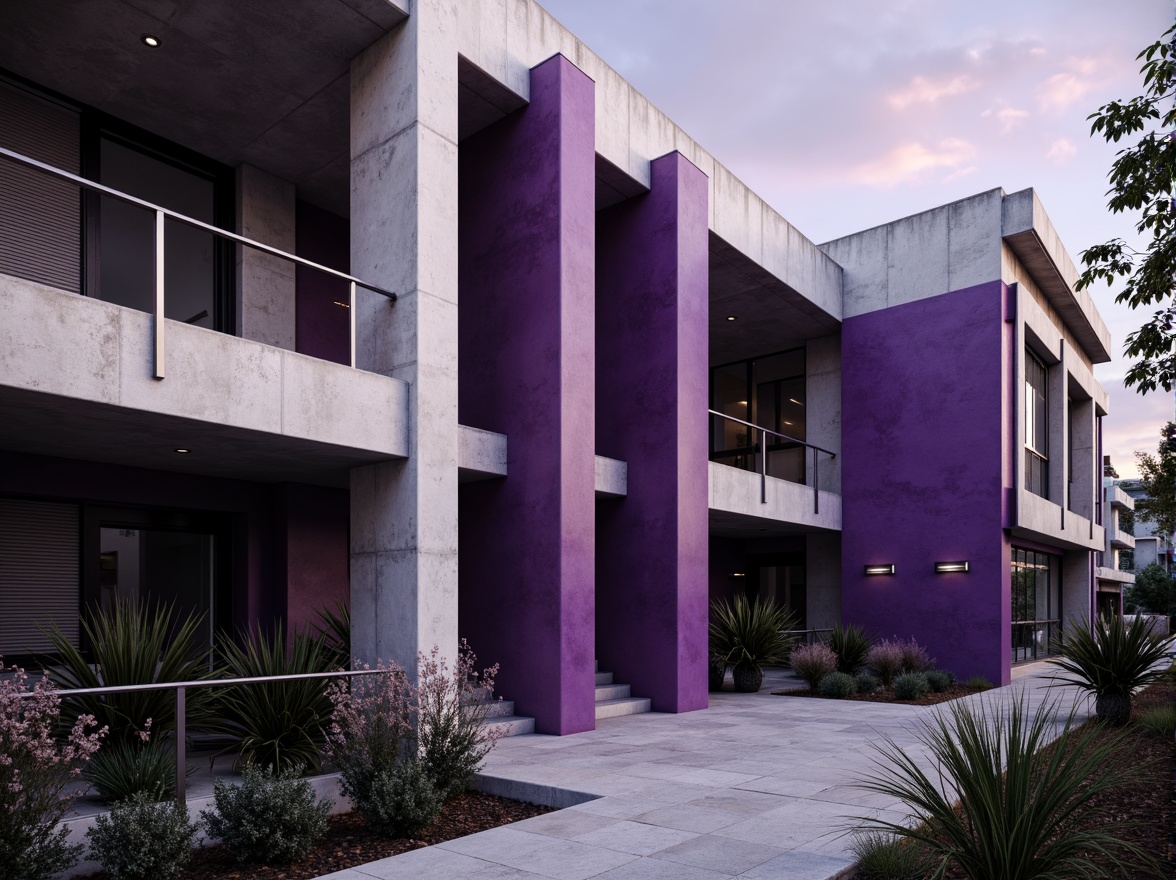 Prompt: Monochromatic brutalist building, orchid purple accent walls, raw concrete textures, industrial metal beams, minimalist ornamentation, geometric shapes, bold architectural forms, dramatic shadows, moody ambient lighting, cinematic composition, shallow depth of field, 1/1 ratio framing, desaturated background, muted color scheme, abstract modern art pieces, sparse greenery, urban cityscape.