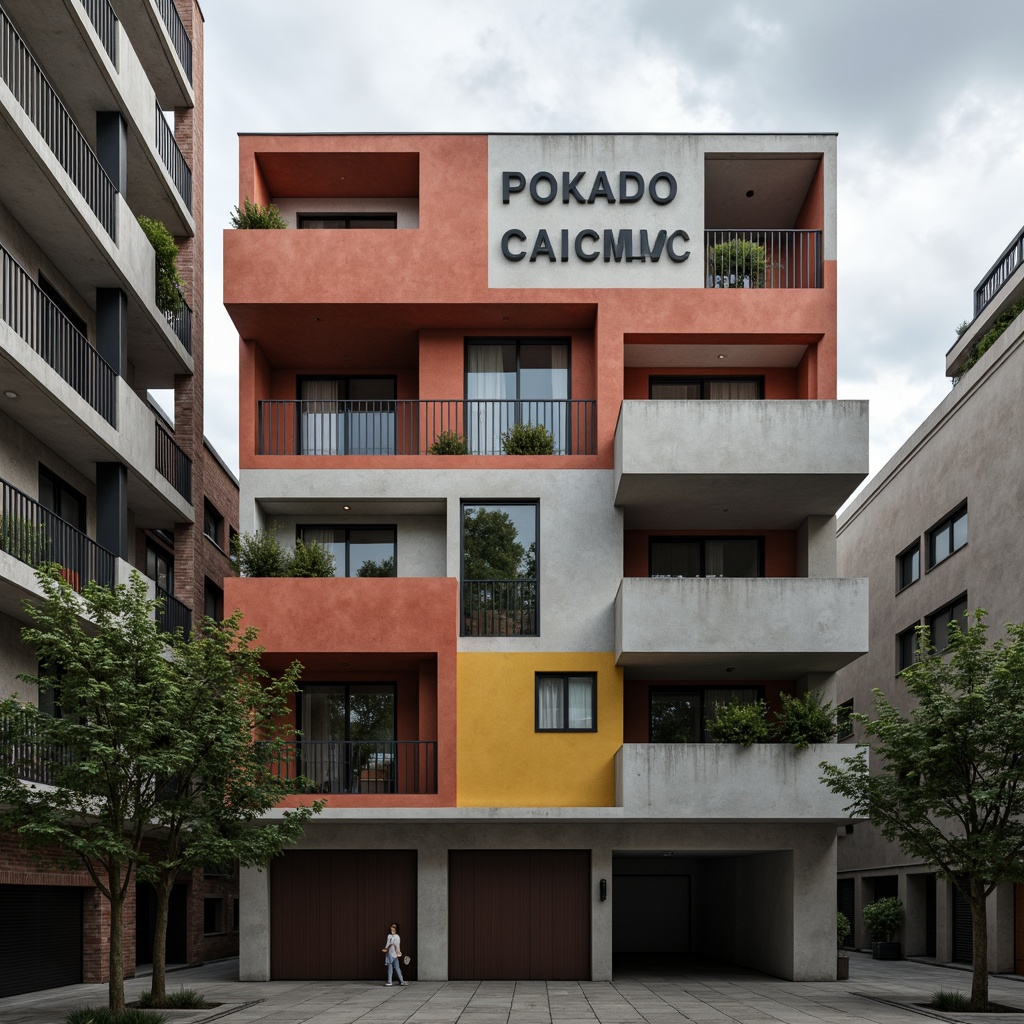 Prompt: Geometric building facade, bold rectangular forms, primary color scheme, industrial materials, exposed pipes, functional typography, asymmetrical composition, urban cityscape, cloudy grey sky, dramatic shadows, high contrast lighting, 1/1 composition, abstract textures, brutalist architecture, reinforced concrete, steel beams, minimalist ornaments, clean lines, rectangular windows, functional simplicity.