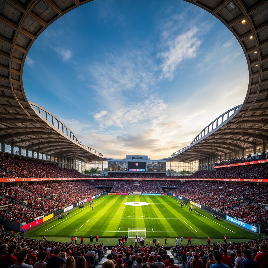 Prompt: Vibrant stadium atmosphere, energetic crowd, bright floodlights, lush green grass, bold team colors, dynamic seating arrangements, modern architectural design, sleek metal structures, transparent glass facades, abstract geometric patterns, high-contrast color schemes, warm golden lighting, dramatic shadow effects, 1/2 composition, cinematic camera angles, realistic textures, ambient occlusion.Let me know if this meets your requirements!