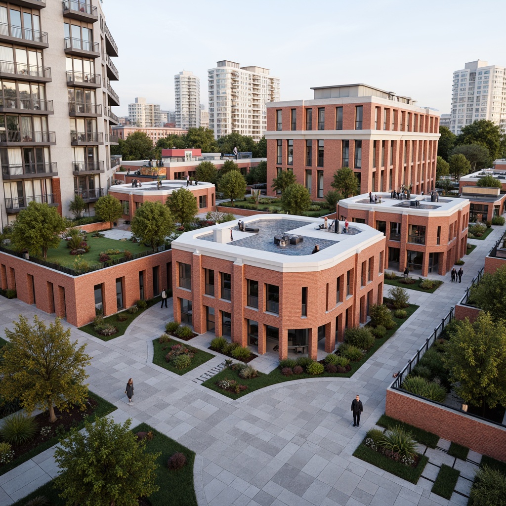 Prompt: Brick courthouse facade, ornate columns, grand entrance, social housing units, modern apartments, balconies with metal railings, green roofs, solar panels, communal gardens, public art installations, urban landscape, vibrant street art, pedestrian walkways, bike lanes, natural stone paving, steel bridges, cantilevered structures, angular lines, minimalist design, soft warm lighting, shallow depth of field, 3/4 composition, realistic textures, ambient occlusion.