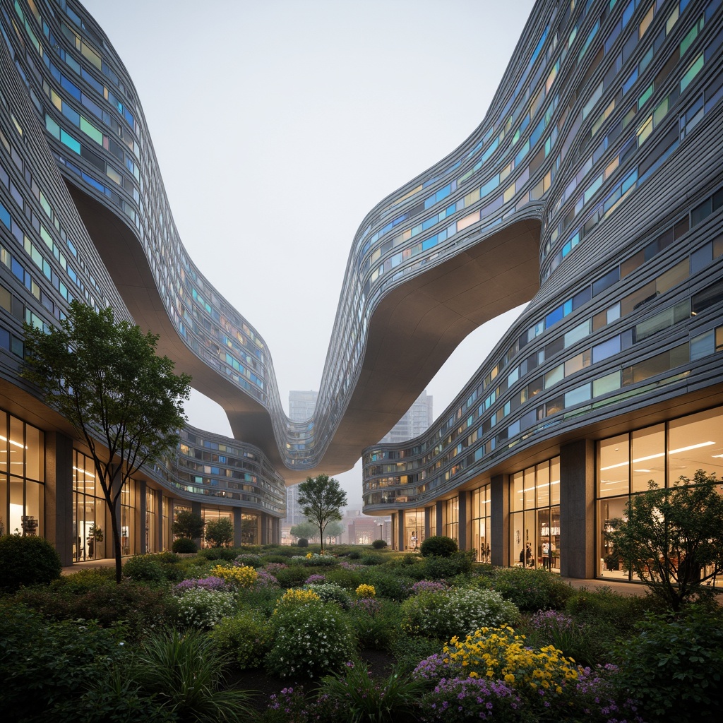 Prompt: Undulating buildings, flowing curves, dynamic shapes, iridescent colors, shimmering glass facades, futuristic architecture, sleek metallic structures, organic forms, wavy lines, blooming flowers, lush greenery, vibrant tropical plants, misty atmosphere, soft warm lighting, shallow depth of field, 3/4 composition, panoramic view, realistic textures, ambient occlusion.