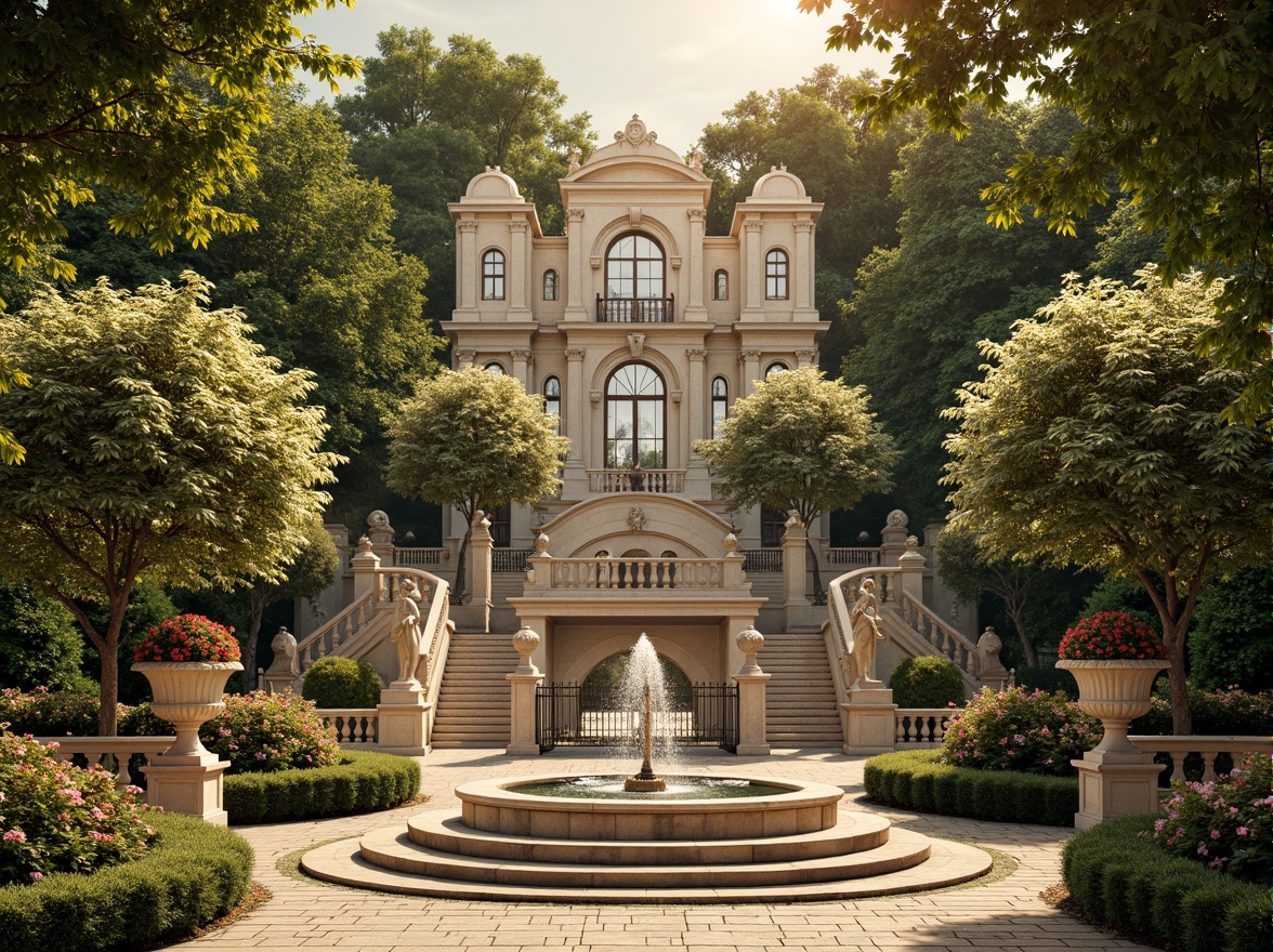 Prompt: Opulent fountain, grand staircase, ornate statues, lavish flowerbeds, intricate hedge mazes, majestic trees, sunny day, warm golden lighting, shallow depth of field, 1/2 composition, symmetrical arrangement, ornamental iron gates, decorative stone pathways, classical urns, vibrant blooming flowers, lush greenery, Baroque-style architecture, grandiose entranceways, imposing columns, dramatic arches, intricate carvings, ornate facades.