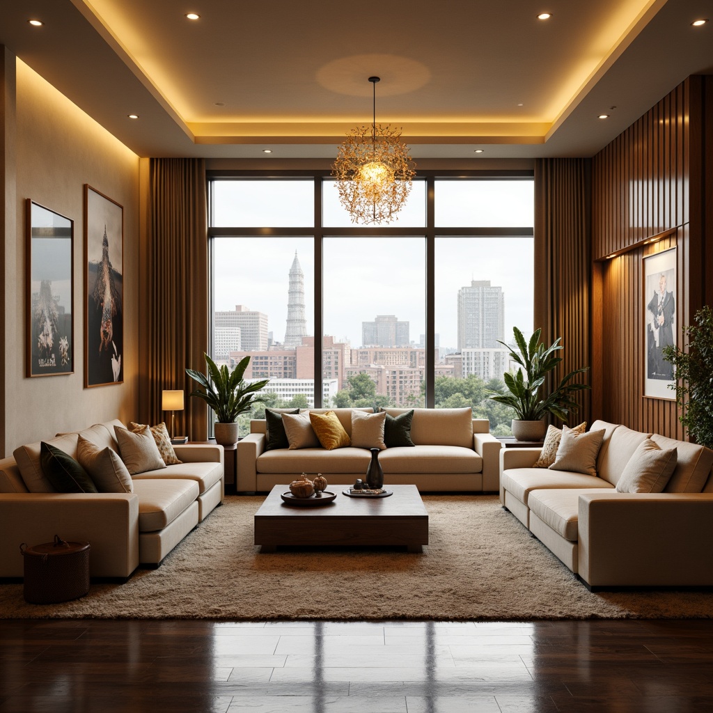 Prompt: Cozy living room, plush sofas, warm beige walls, rich wood accents, soft golden lighting, comfortable throw pillows, natural fiber rugs, elegant chandeliers, floor-to-ceiling windows, urban city views, modern minimalist decor, sleek low-profile furniture, calming color palette, warm neutral tones, inviting textures, realistic reflections, shallow depth of field, 1/1 composition, subtle camera movements.