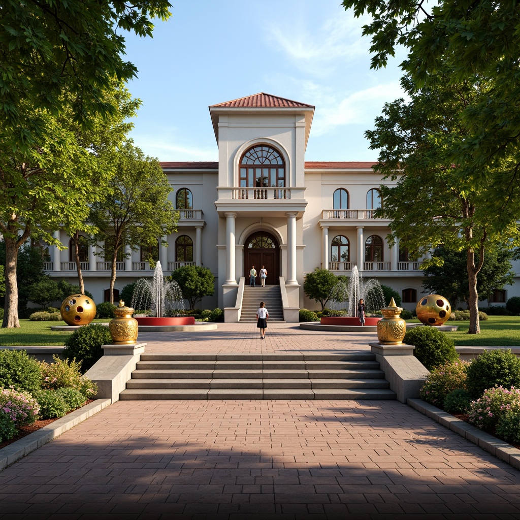 Prompt: Elegant academic building facade, lush greenery, ornate fountains, grand staircases, cinematic spotlights, red carpet walkways, golden film reels, movie prop decorations, vintage camera sculptures, manicured lawns, blooming flowerbeds, majestic trees, sunny afternoon, soft warm lighting, shallow depth of field, 3/4 composition, panoramic view, realistic textures, ambient occlusion.