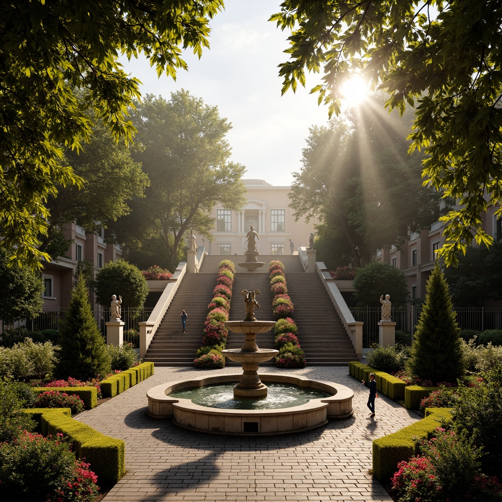 Prompt: Ornate fountain, grand staircase, symmetrical gardens, manicured hedges, vibrant flower arrangements, statues of mythological figures, intricately designed gates, ornamental ironwork, cobblestone pathways, majestic trees with sprawling canopies, lush greenery, dramatic lighting effects, warm golden tones, high contrast shadows, 1/2 composition, Dutch angle shots, cinematic atmosphere, detailed textures, ambient occlusion.