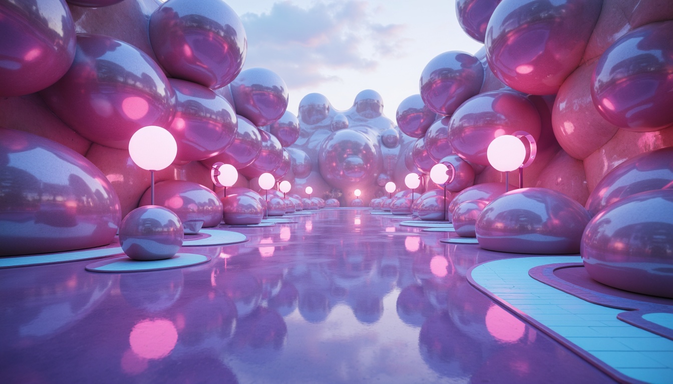 Prompt: Vibrant blob-like structures, iridescent color scheme, shimmering metallic surfaces, neon-lit accents, futuristic ambiance, sleek curved lines, glowing orbs, radiant light installations, dreamy atmospheric effects, soft focus blur, 1/1 composition, high-key lighting, pastel hues, gradient transitions, luminescent materials, ethereal textures, otherworldly landscapes.