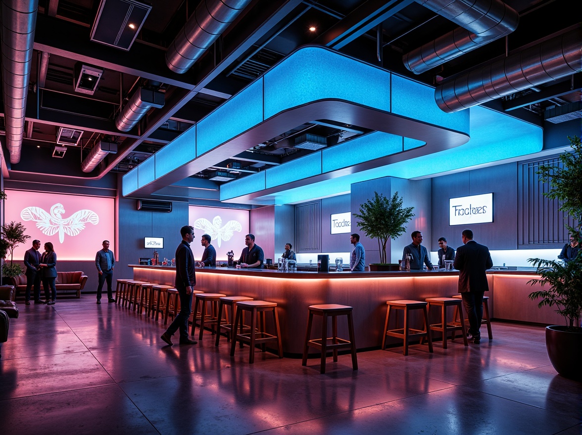 Prompt: Futuristic bar interior, metallic accents, neon lighting, sleek lines, minimalist decor, fusion of industrial and futuristic elements, exposed ductwork, polished concrete floors, glass partitions, modern furniture, LED light installations, vibrant color scheme, atmospheric misting system, 3/4 composition, shallow depth of field, realistic textures, ambient occlusion.