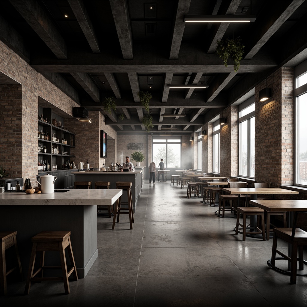 Prompt: Monochromatic pub interior, minimal ornamentation, industrial metal accents, reclaimed wooden tables, concrete floors, exposed brick walls, subtle texture contrasts, natural stone bar countertops, matte black steel beams, soft warm lighting, shallow depth of field, 1/2 composition, atmospheric mist, realistic render, ambient occlusion.