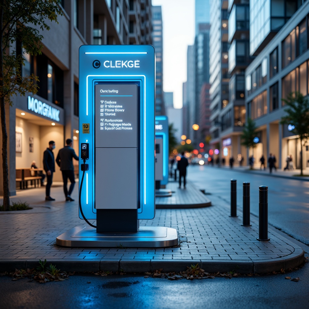 Prompt: Vibrant electric blue accents, sleek metal charging stations, modern minimalist design, clean white backgrounds, bold typography, dynamic LED lights, futuristic ambiance, urban cityscape, bustling streets, morning sunlight, soft warm glow, shallow depth of field, 3/4 composition, panoramic view, realistic metallic textures, ambient occlusion.