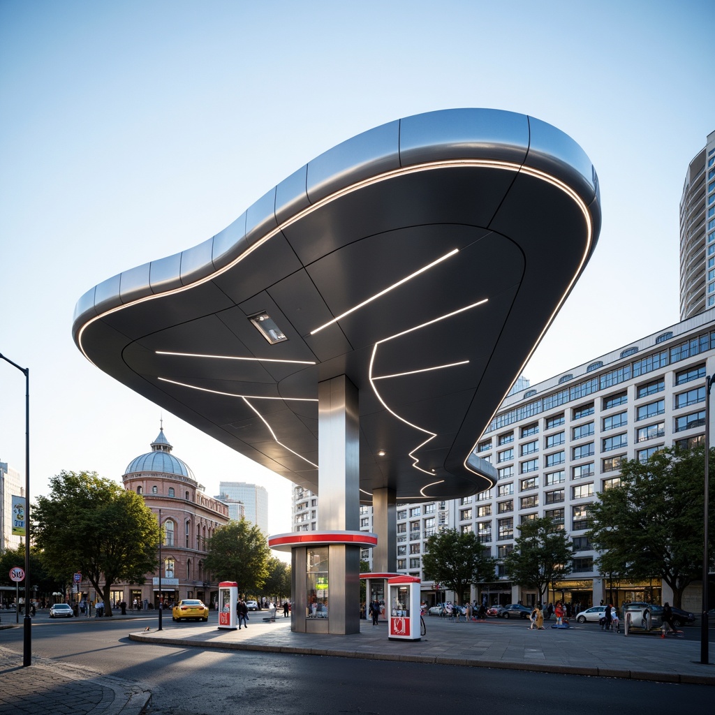 Prompt: Sleek gas station, modern minimalist architecture, curved lines, aerodynamic shape, silver metallic fa\u00e7ade, LED lighting strips, dynamic patterns, futuristic aesthetic, urban cityscape, bustling streets, morning sunlight, soft shadows, shallow depth of field, 2/3 composition, wide-angle lens, realistic reflections, ambient occlusion.