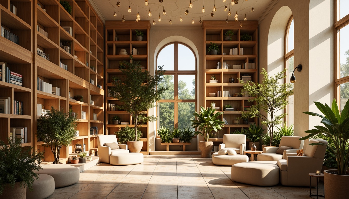 Prompt: Rich wooden shelves, warm beige walls, soft cream-colored reading areas, vibrant green plants, comfortable seating zones, natural stone flooring, elegant chandeliers, modern minimalist lighting, floor-to-ceiling bookcases, cozy study nooks, calm atmosphere, warm golden lighting, shallow depth of field, 3/4 composition, realistic textures, ambient occlusion, earthy tone color palette, harmonious contrast, soothing ambiance.