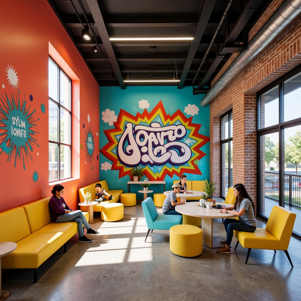 Prompt: Vibrant youth center, energetic color scheme, bright coral walls, turquoise accents, sunny yellow furniture, bold graffiti murals, urban industrial architecture, exposed brick textures, polished concrete floors, modern LED lighting, lively atmosphere, dynamic angles, abstract geometric patterns, trendy typography, social media-inspired graphics, playful splashes of watercolor hues, youthful energy, natural light pouring in, shallow depth of field, 3/4 composition, realistic textures, ambient occlusion.