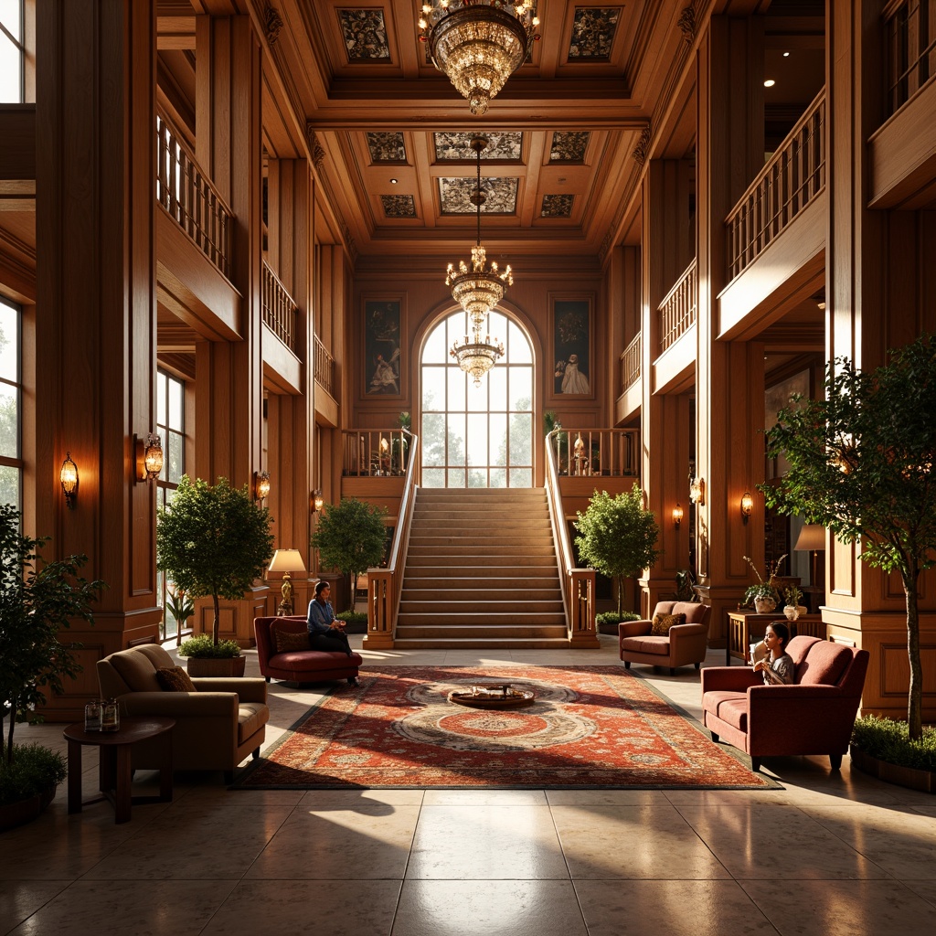 Prompt: Luxurious hotel lobby, warm golden lighting, rich wood tones, ornate furnishings, velvet drapes, marble floors, crystal chandeliers, elegant archways, grand staircase, opulent fabrics, jewel-toned accents, subtle patterns, classic artwork, refined lines, sophisticated ambiance, afternoon sunlight, soft focus, 1/2 composition, atmospheric perspective, realistic textures.